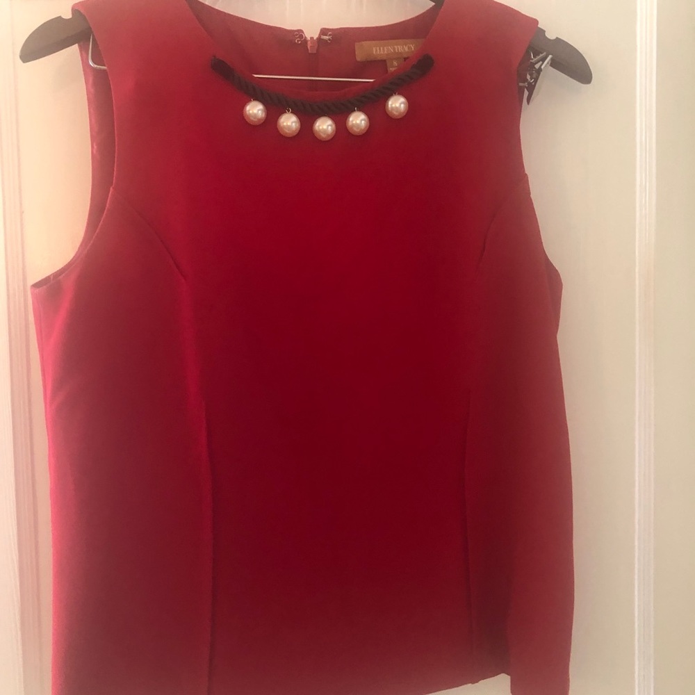 Sleeveless Ellen Tracy red w/ pearl & blk braid